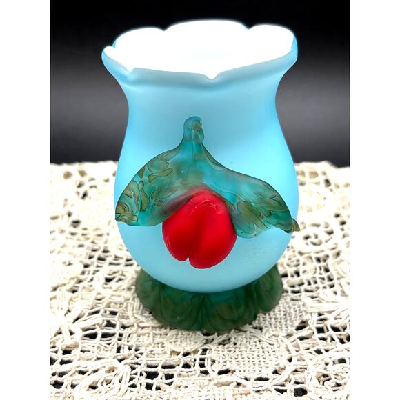 Victorian Cased Blue Satin Art Glass Mini Vase Applied Cherry/Leaf and Base - Picture 1 of 9